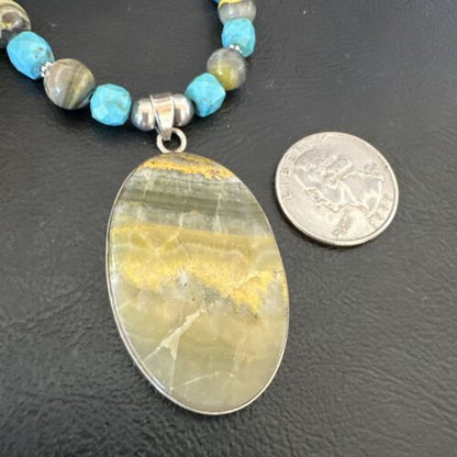 Men's BumbleBee Jasper Pendant Necklace | Navajo Pearls | Sterling Silver | Authentic Native American Handmade | 16878