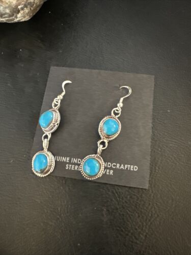 Kingman Turquoise Dangle Earrings | Navajo Sterling Silver | Authentic Native American Handmade | 14869