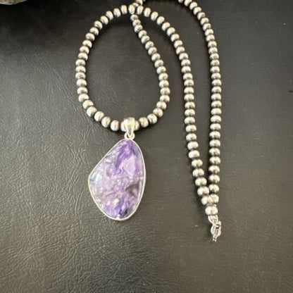 Navajo Purple Charoite Pendant with Pearls | Sterling Silver Necklace | Authentic Native American Handmade | 17312