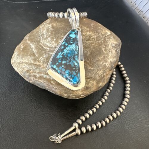 Men's Blue Spiderweb Turquoise Pendant Necklace | Navajo Sterling Silver | Authentic Native American Handmade | 14970