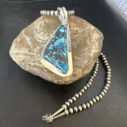 Men's Blue Spiderweb Turquoise Pendant Necklace | Navajo Sterling Silver | Authentic Native American Handmade | 14970