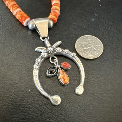 Navajo Red Spiny Oyster Naja Pendant Necklace | Sterling Silver | 23" | Authentic Native American Handmade | 17660