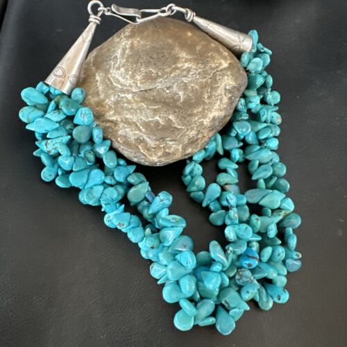 Navajo Teardrop Blue Turquoise Necklace | Sterling Silver Pearls | 19" 3 Strand | Authentic Native American Handmade | 17254