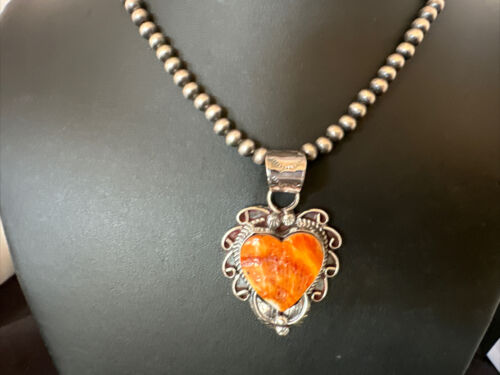 Navajo Orange Spiny Oyster Heart Pendant Necklace | Sterling Silver | Authentic Native American Handmade | 16418