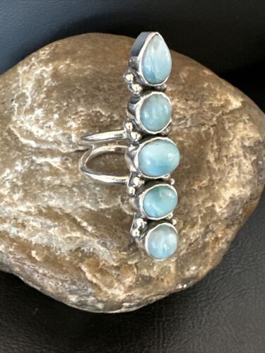 Navajo Women's Cluster Blue Larimar Ring | Authentic Native American Sterling Silver | Multi-Stone | Sz 8.5 | 15940