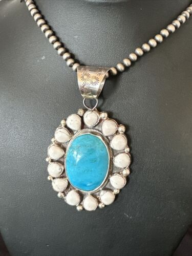 Navajo Blue Turquoise White Cluster Pendant Necklace | Sterling Silver | Multi-Stone | 17391