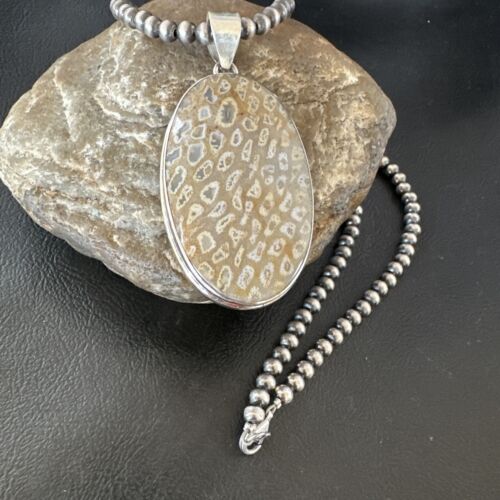Navajo Champagne Fossil Coral Pendant Necklace | Sterling Silver Beads | Native American Handmade | 16371