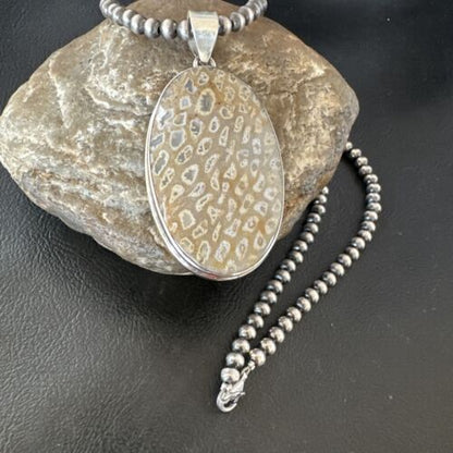 Navajo Champagne Fossil Coral Pendant Necklace | Sterling Silver Beads | Native American Handmade | 16371