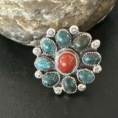 Navajo Blue Spiderweb Turquoise Coral Cluster Ring | Authentic Native American Sterling Silver | Multi-Stone | Sz 9.5 | 17182