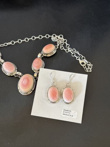 Navajo Pink Conch Choker Necklace | Sterling Silver Pendant 18" | Earrings Set | Authentic Native American Handmade | 16126