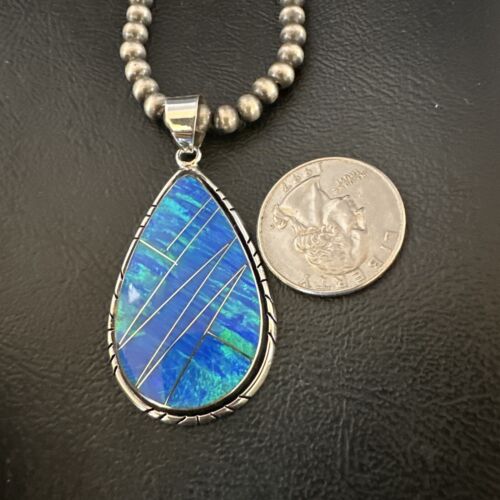 Men's and Women's Blue Fire Opal Inlay Pendant | Navajo Sterling Silver | Authentic Native American Handmade | 16481