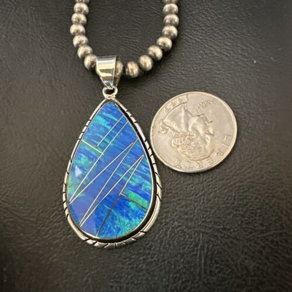 Men's and Women's Blue Fire Opal Inlay Pendant | Navajo Sterling Silver | Authentic Native American Handmade | 16481