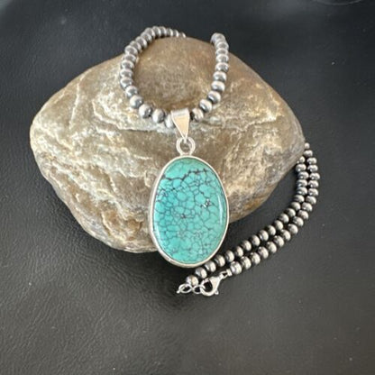 Navajo Blue Spiderweb Turquoise Pendant Necklace | Sterling Silver | Authentic Native American Handmade | 16292