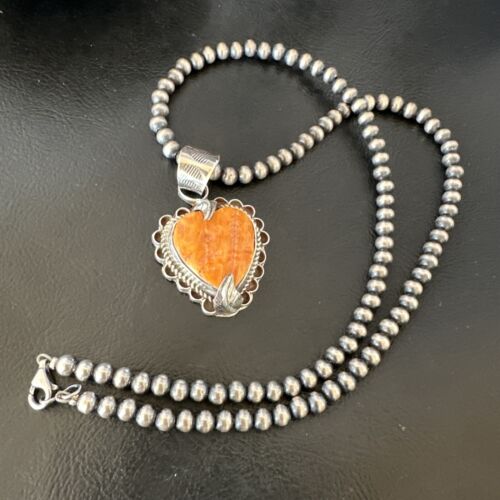 Navajo Orange Spiny Oyster Heart Pendant Necklace | Sterling Silver | Authentic Native American Handmade | 16294 - Masha USA