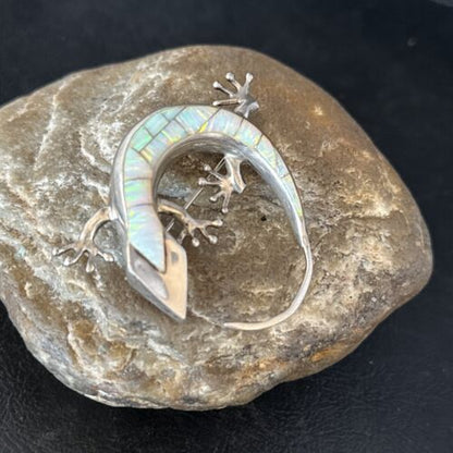 Navajo White Opal Lizard Pin Pendant | Inlay Gecko | Sterling Silver | Authentic Native American Handmade | 14334