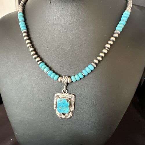 Navajo Blue Turquoise Pendant Necklace | Sterling Silver Pearls | Authentic Native American Handmade | 15420