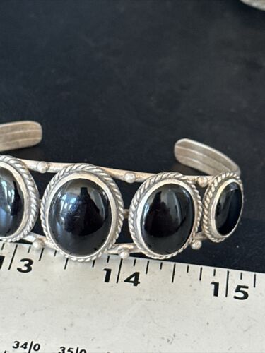 Navajo Sterling Silver Cuff Bracelet | Black Onyx 5 Stone | Authentic Native American Handmade | 14519