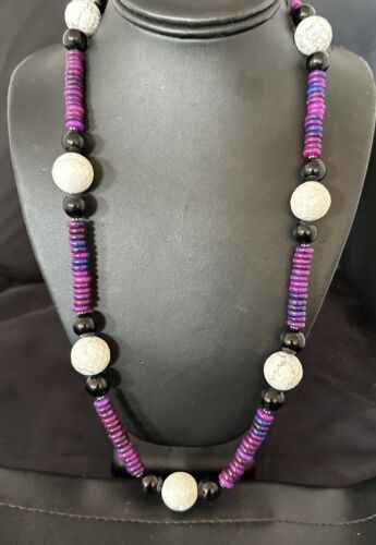 Navajo Purple Sugilite Onyx Howlite Bead Necklace | Sterling Silver | 25" | Authentic Native American Handmade | 16948