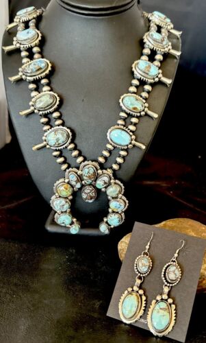 Navajo Blue Golden Hills Turquoise Squash Blossom Necklace & Earrings | Sterling Silver | 17210