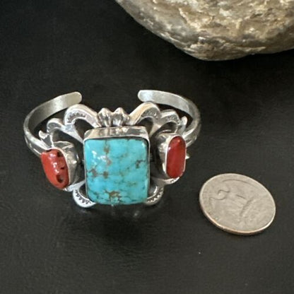 Kingman Turquoise Coral Cuff Bracelet | Navajo Tufa Cast | Sterling Silver | Authentic Native American Handmade | 16780