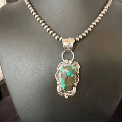 Navajo Blue Spiderweb Turquoise Pendant Necklace | Sterling Silver Pearls | Authentic Native American Handmade | 15095 - Masha USA