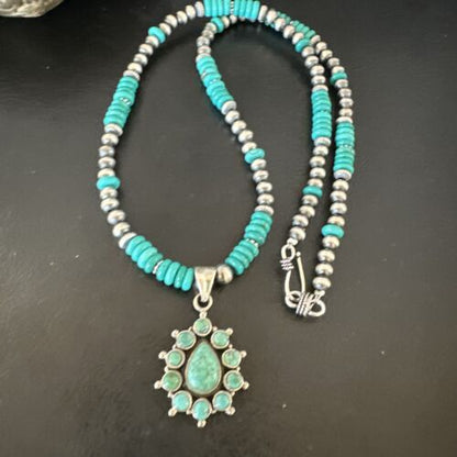 Navajo Blue Turquoise Cluster Pendant Necklace | Sterling Silver | Native American Handmade | 15815