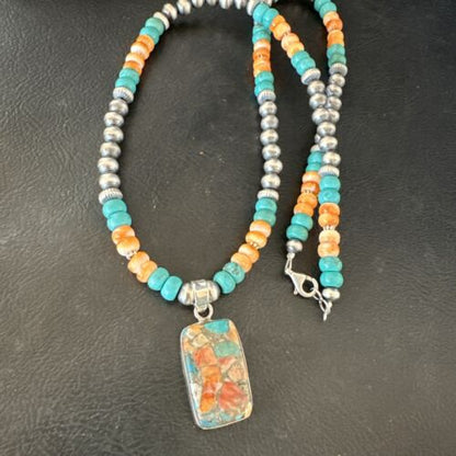 Navajo Spiny Turquoise Pendant Necklace | Sterling Silver | 21" | Authentic Native American Handmade | 17513