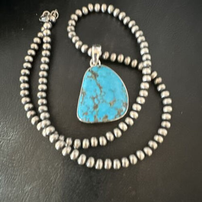 Navajo Blue Kingman Turquoise Pendant with Pearls | Sterling Silver Necklace | 20" | 17008