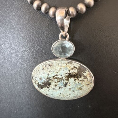Navajo Dry Creek Turquoise Topaz Pendant Necklace | Sterling Silver | Authentic Native American Handmade | 16313
