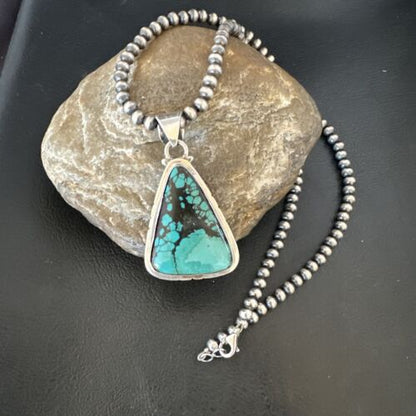 Men's Navajo Blue Spiderweb Turquoise Pendant Necklace | Sterling Silver | Authentic Native American Handmade | 16230