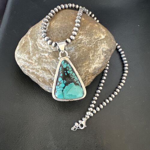 Men's Navajo Blue Spiderweb Turquoise Pendant Necklace | Sterling Silver | Authentic Native American Handmade | 16230