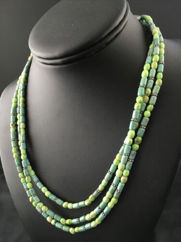 Navajo Blue Green Turquoise Necklace | 3-Strand | Sterling Silver | 17" | Authentic Native American Handmade | 10245