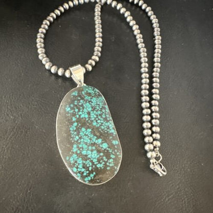 Navajo Blue Spiderweb Turquoise Pendant Necklace | Sterling Silver Pearls | Authentic Native American Handmade | 15568