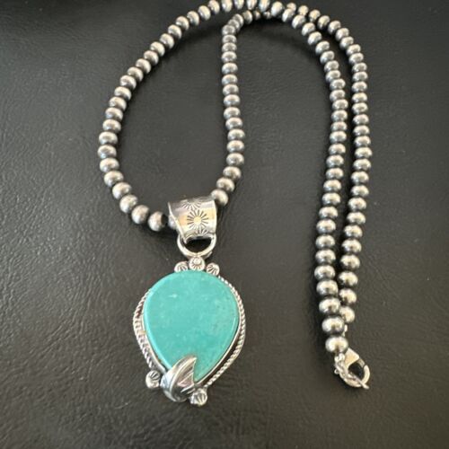 Women's Blue Turquoise Pendant Necklace | Navajo Pearls | Sterling Silver | Authentic Native American Handmade | 15658