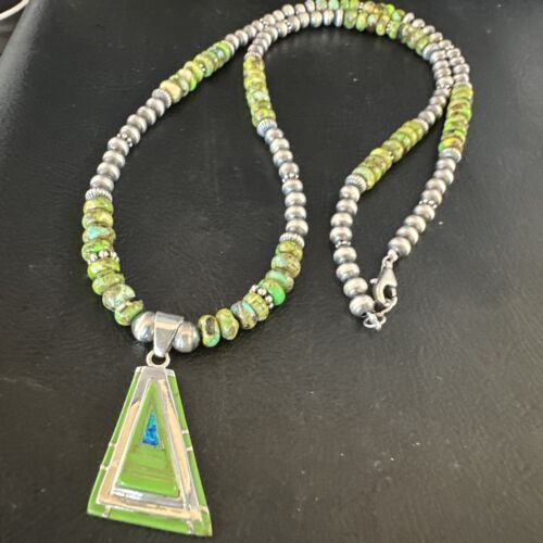 Navajo Green Gaspeite Turquoise Pendant Necklace | Sterling Silver | Native American Handmade | 15426