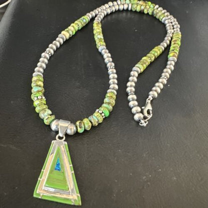 Navajo Green Gaspeite Turquoise Pendant Necklace | Sterling Silver | Native American Handmade | 15426