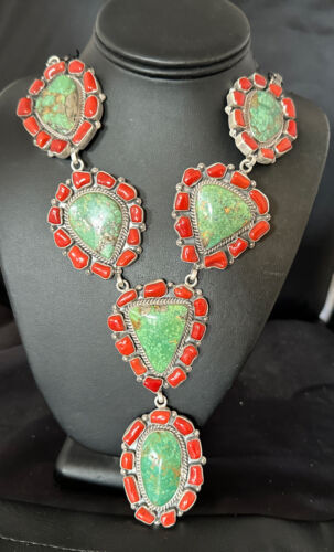 Navajo Green Turquoise and Coral Lariat Necklace Pendant | 23" | Authentic Native American Handmade | 16191