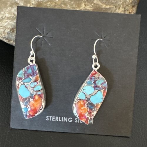 Navajo Blue Turquoise Red Spiny Oyster Inlay Dangle Earrings | Sterling Silver | 15579