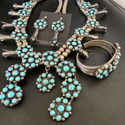 Ultra Rare Old Pawn Kingman Turquoise Squash Blossom Set | Necklace, Bracelet, Pendant, Earrings | Navajo | 15921