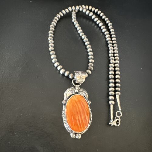 Navajo Orange Spiny Oyster Pendant Necklace | Sterling Silver | Authentic Native American Handmade | 15627
