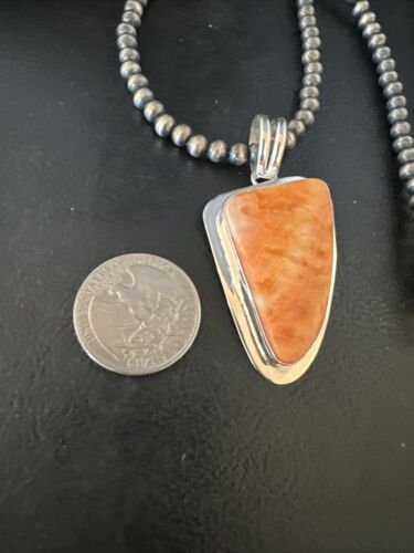 Navajo Pearls Orange Spiny Oyster Necklace Pendant | Sterling Silver | Authentic Native American Handmade | 15003