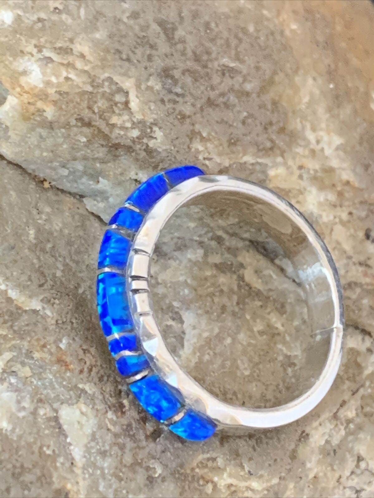 Native American Navajo Blue Opal Inlay Ring | Sterling Silver | Sz 7.5 | Handmade by Yazzie | 10621