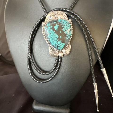 Mens Blue Spider Web Turquoise Navajo Sterling Silver Bolo Tie 15012