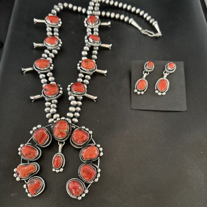 Red Coral Naja Pendant | Sterling Silver Squash Blossom Necklace & Earrings | Native American | 17048