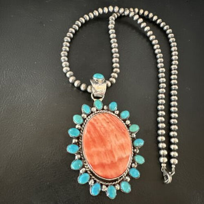 Navajo Kingman Turquoise & Red Spiny Oyster Pendant Necklace | Sterling Silver | 16014