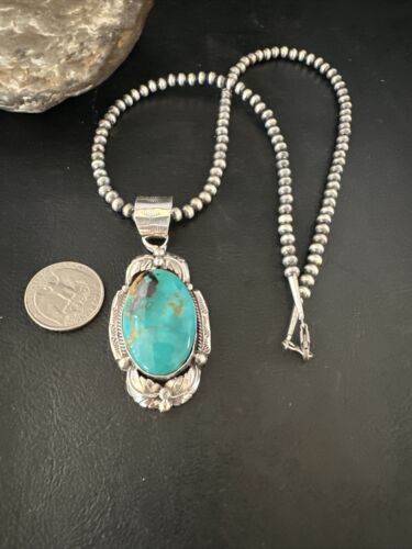 Navajo Pearls Necklace with Blue Turquoise Pendant | Sterling Silver | Authentic Native American Handmade | 14879