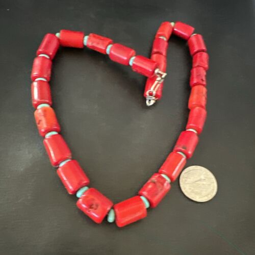 Navajo Red Coral Turquoise Bead Necklace | Sterling Silver | 20" | Authentic Native American Handmade | 16816