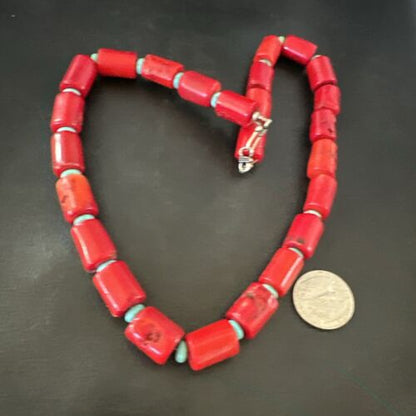 Navajo Red Coral Turquoise Bead Necklace | Sterling Silver | 20" | Authentic Native American Handmade | 16816