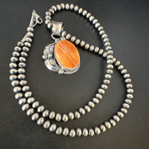 Navajo Orange Spiny Oyster Pendant Necklace | Sterling Silver | Authentic Native American Handmade | 15630
