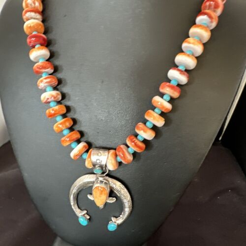Navajo Blue Turquoise Spiny Oyster Naja Pendant Necklace | Sterling Silver | Authentic Native American Handmade | 16262